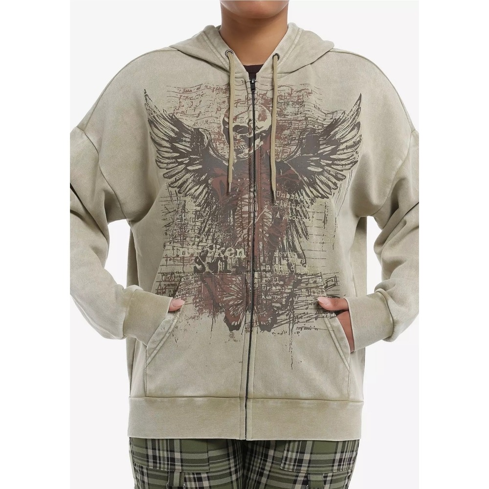 Social Collision Women's XS Winged Skeleton Zip Hoodie Olive Green Grunge Y2K